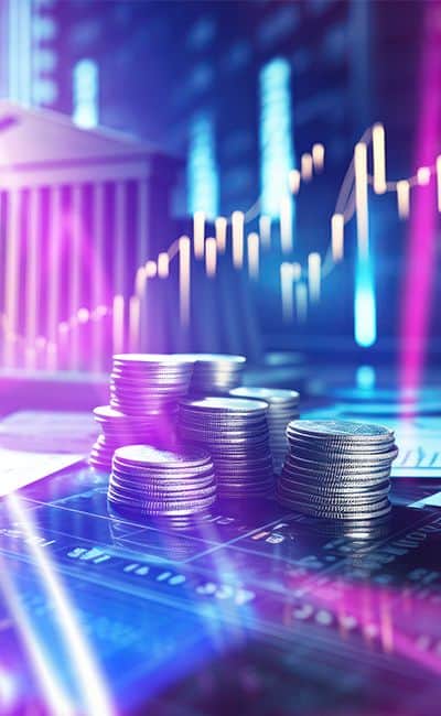 Vertical financial graphic featuring stacks of silver coins on a digital trading floor with a classic bank building and ascending charts, promoting secure funding and withdrawal methods with INGOT.