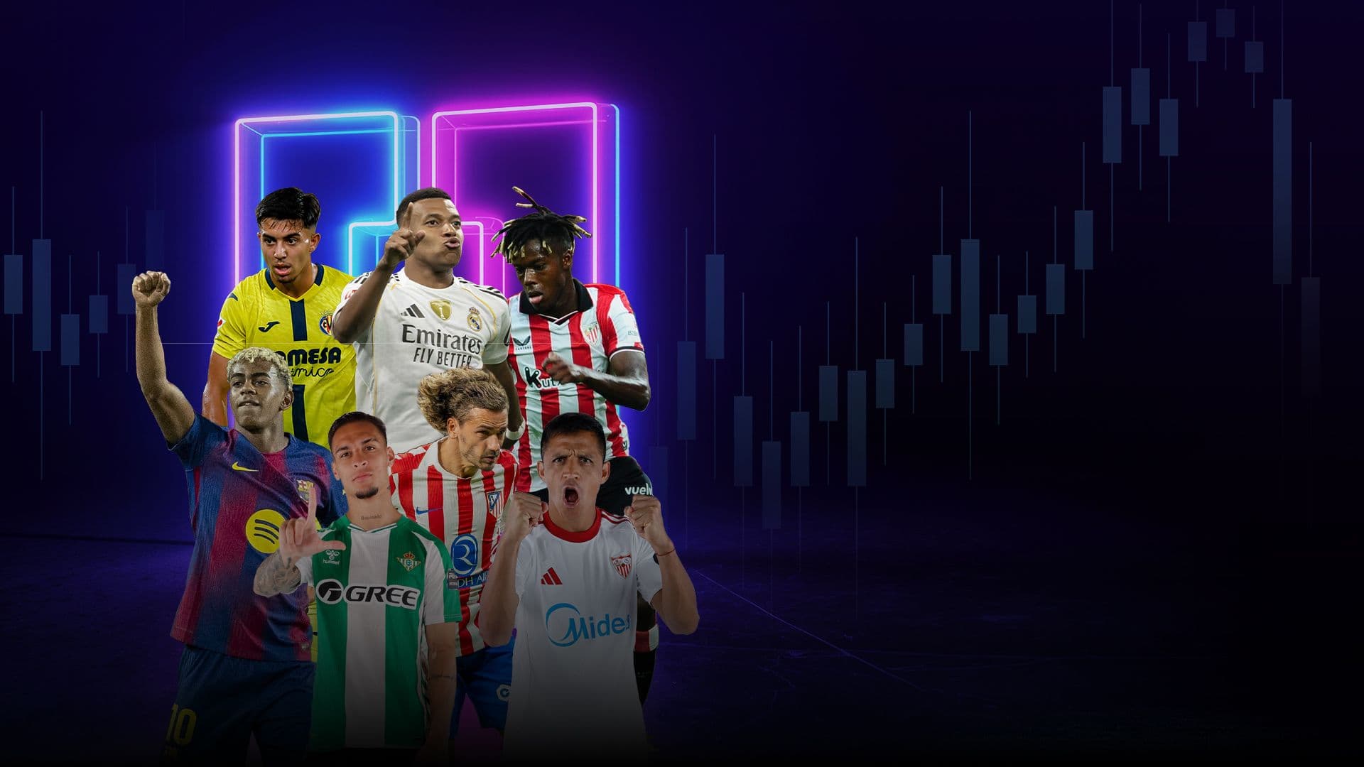 Famous LaLiga football players celebrating victory against a backdrop of market charts, highlighting INGOT's official regional partnership with LaLiga.