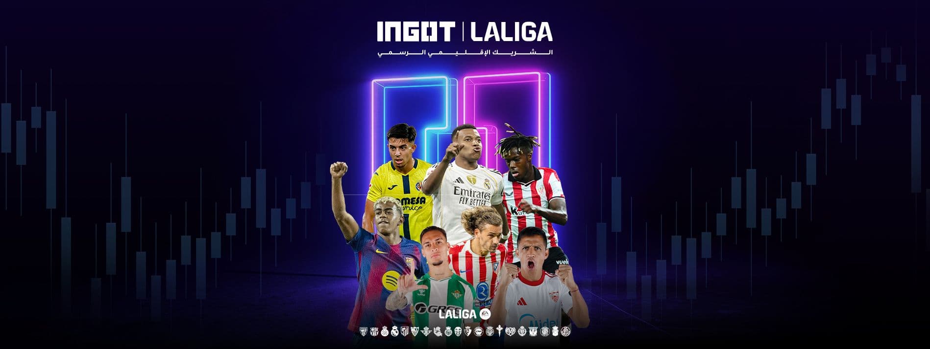 Leading LaLiga football players celebrating on a vibrant background with financial market charts, representing INGOT's official regional partnership with LaLiga.