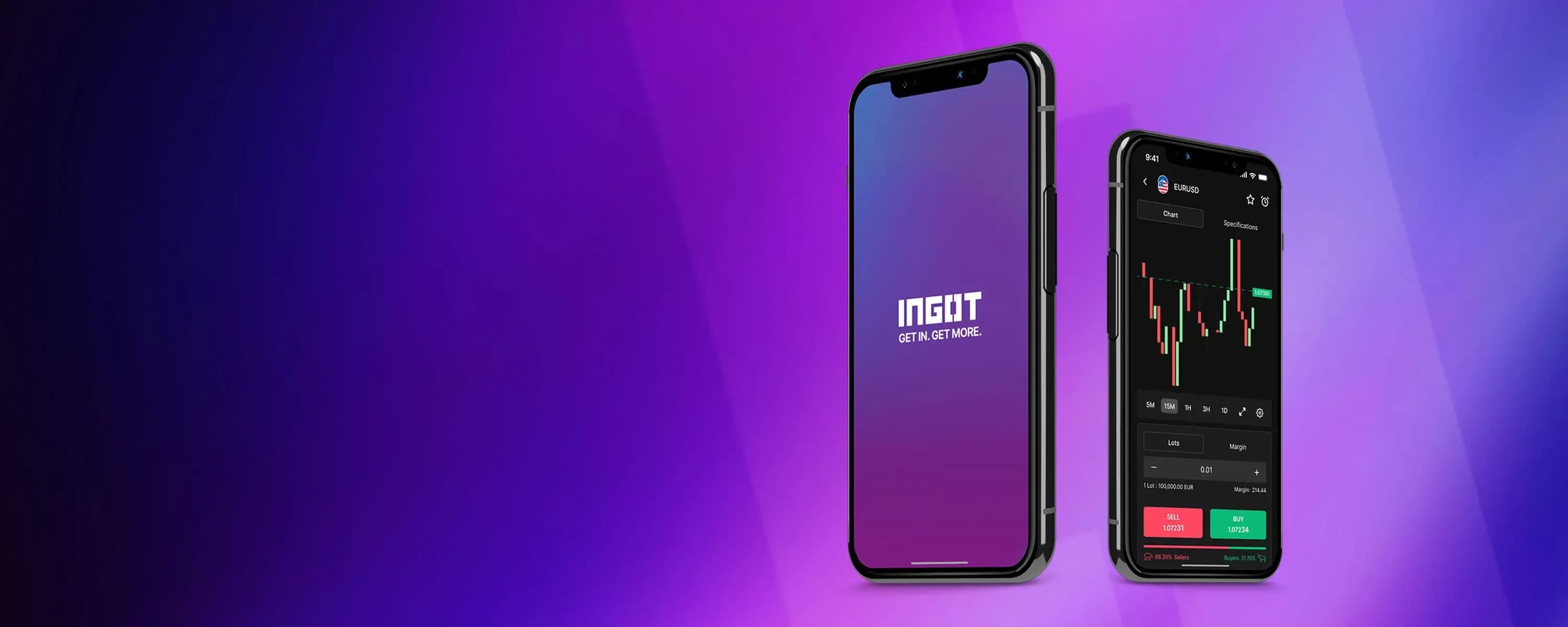 Two smartphones displaying 'INSAT Invest in your life' and a financial trading app interface.